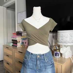 army green off the shoulder wrap top